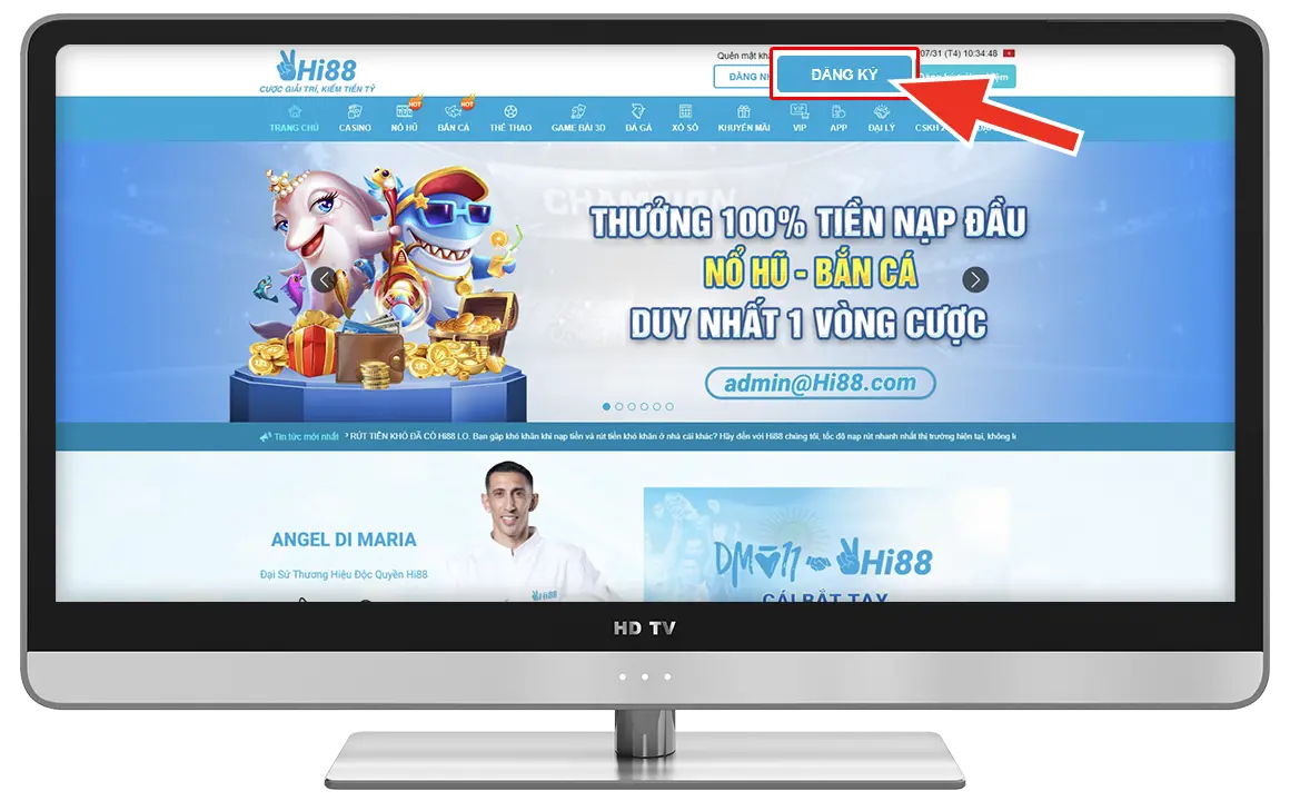 Bước 1: Vào link Hi88 → Nhấn chọn " Đăng Ký ".